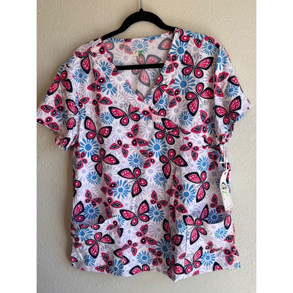 GT Performance Scrub Top XL Pink Blue Butterfly Floral V-Neck GT503WBF NWT